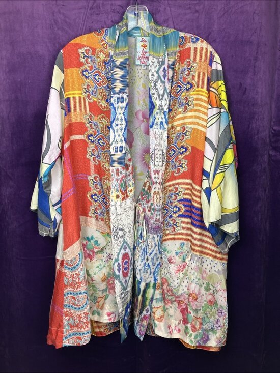 Johnny Was Tops - M Johnny Was Otti Tia 2 Pockets Silk Tie Front Kimono Lagenlook Patchwork